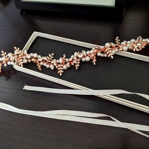 Wedding dress belt/sash rose gold and rhinestone and faux pearls.